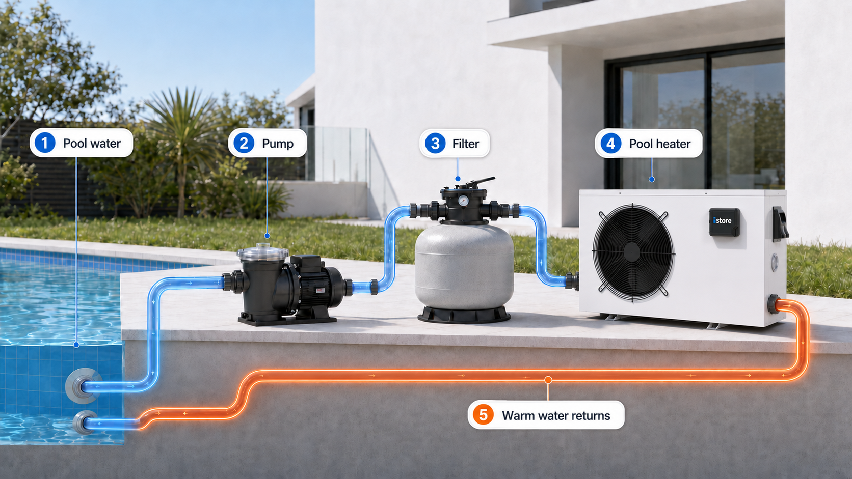 Pool water flowing through the pool pump, filter and iStore pool heater before returning to the pool as warm water.