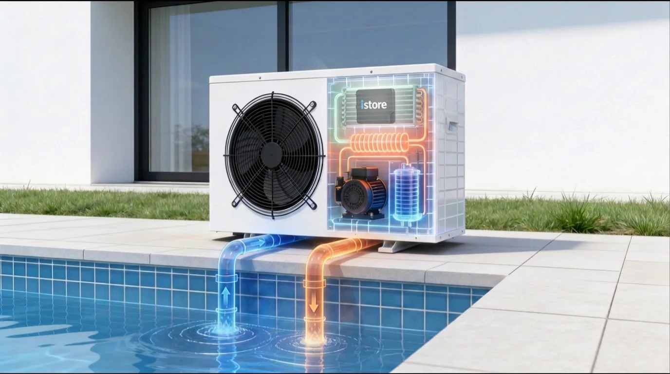 Cutaway view of an iStore pool heater showing its internal heat-transfer technology.