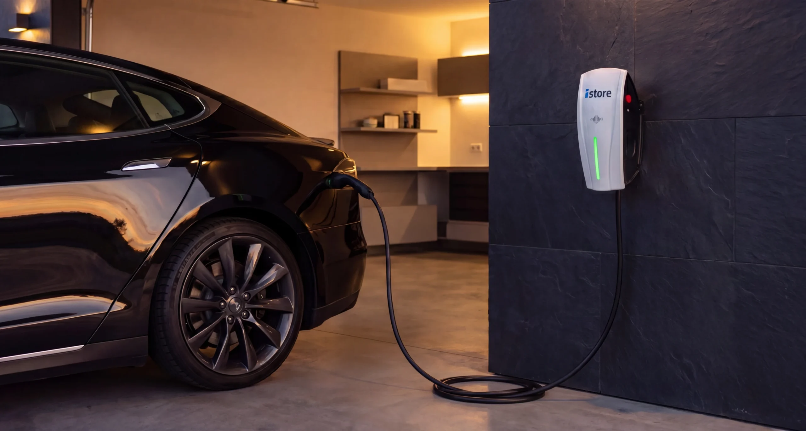 iStore home EV charger installed beside an electric vehicle in a modern Australian garage