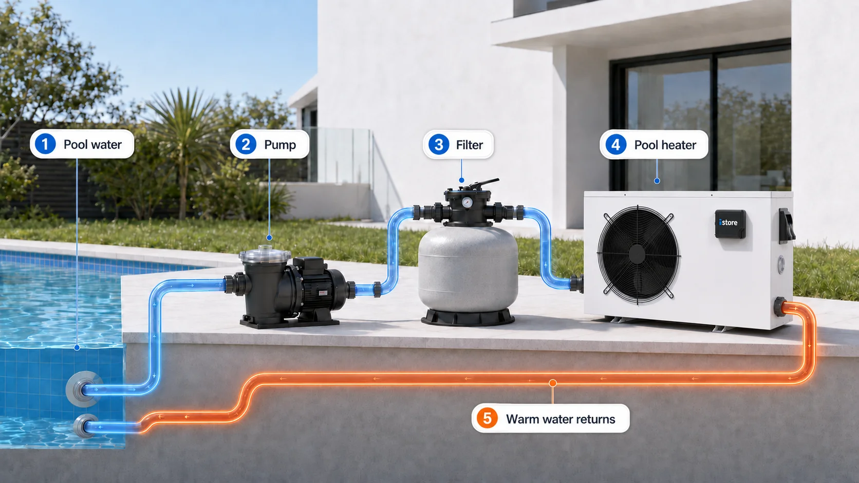 Pool water flowing through the pool pump, filter and iStore pool heater before returning to the pool as warm water.