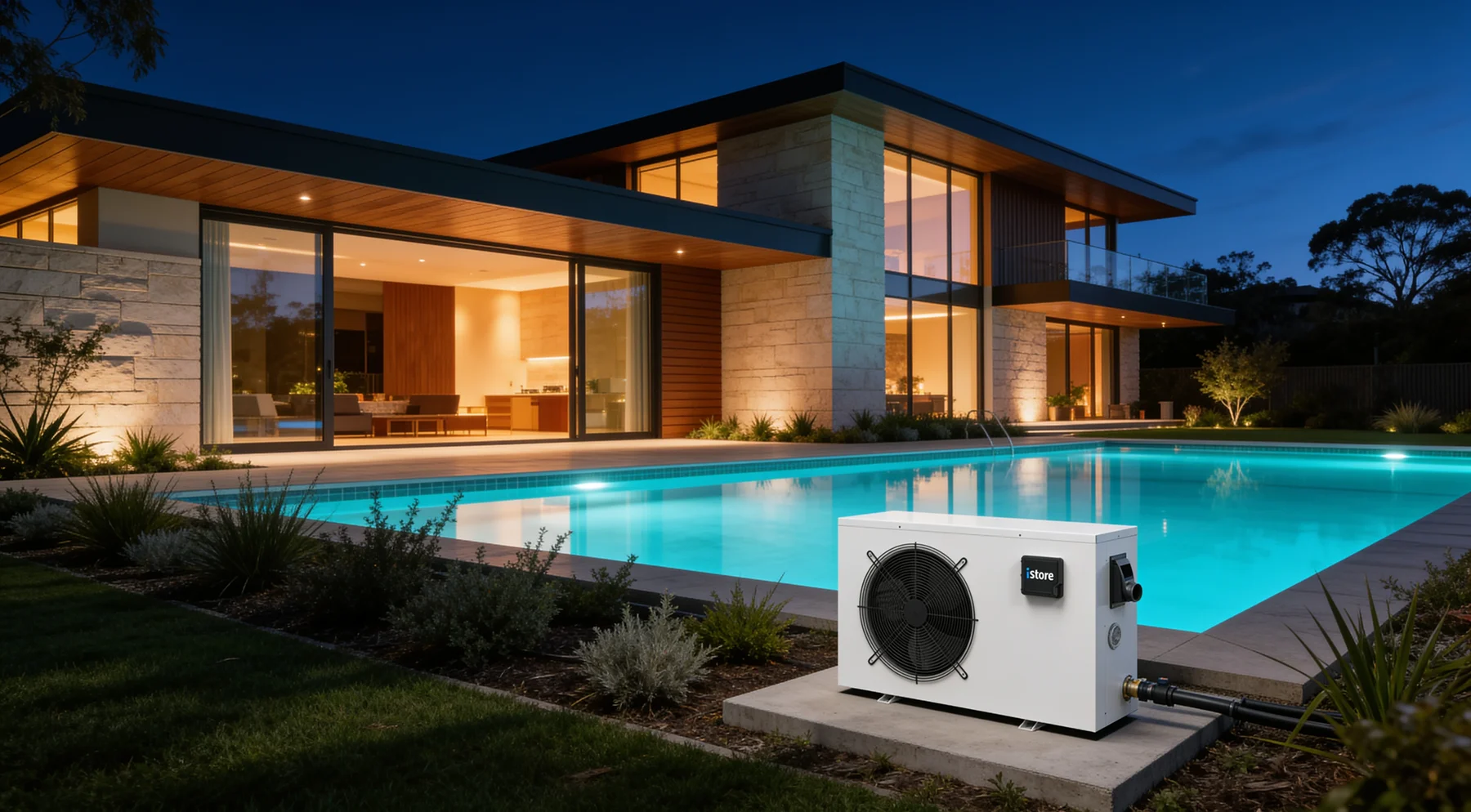 iStore pool heater installed beside a modern Australian backyard swimming pool at twilight.
